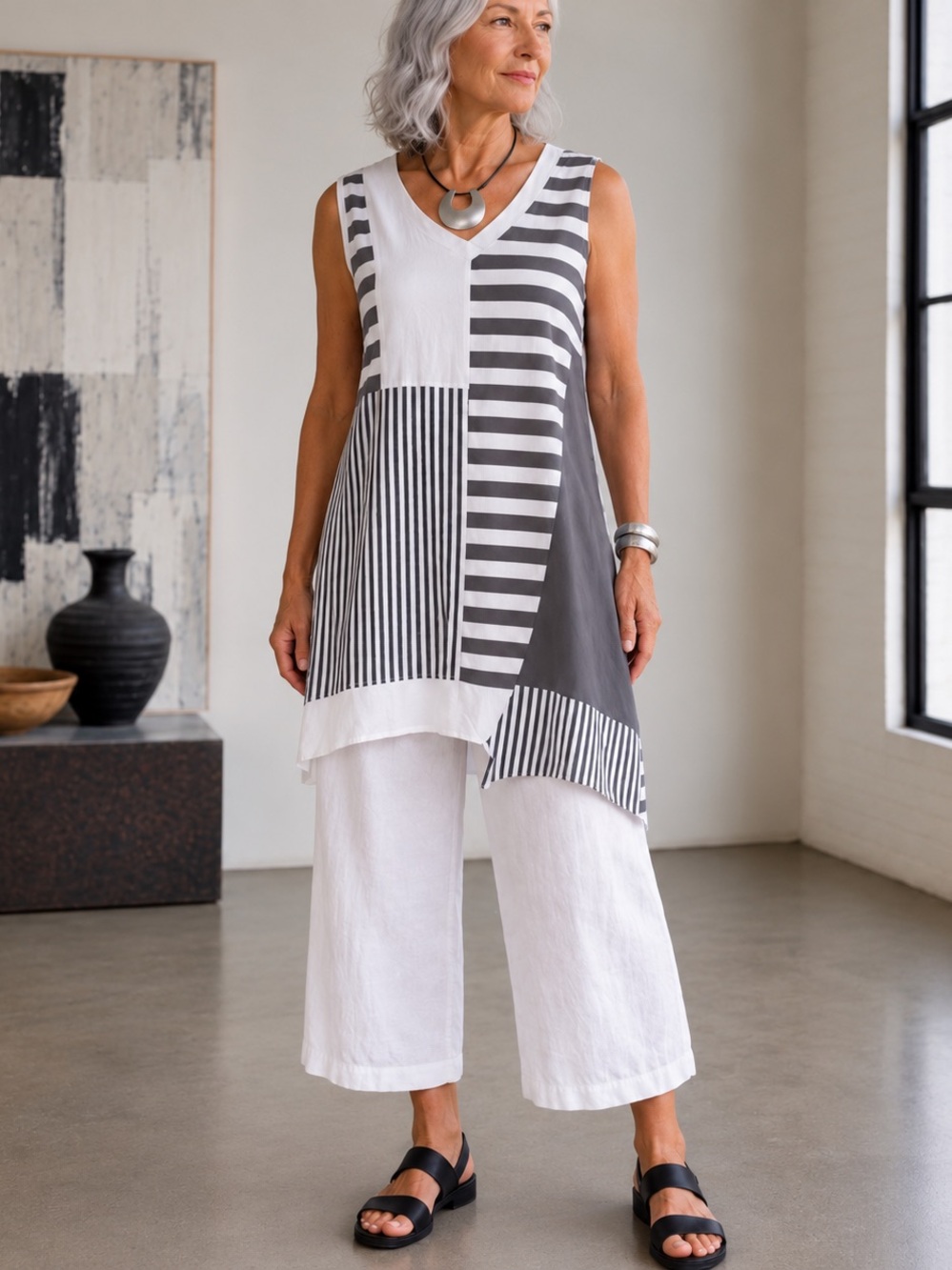 Naya Patchwork Stripe Asymmetrical Tunic Lagenlook